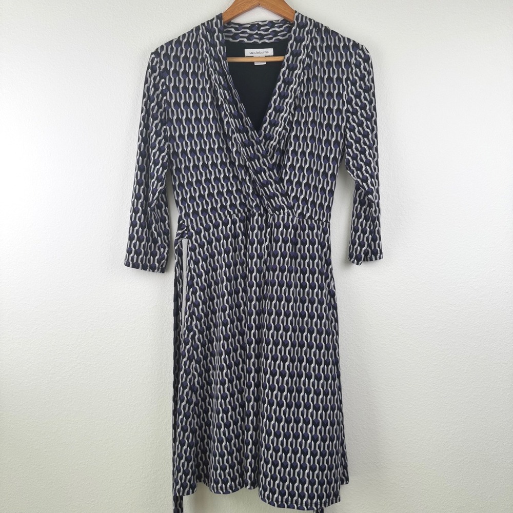 Liz Claiborne Faux Wrap Dress Womens M Blue Purple Geometric Chic Office